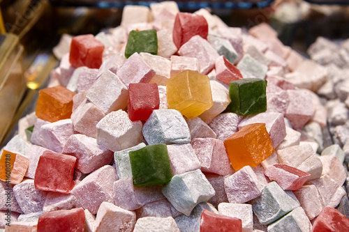 Mountain from Turkish delights in candy store or oriental sweet