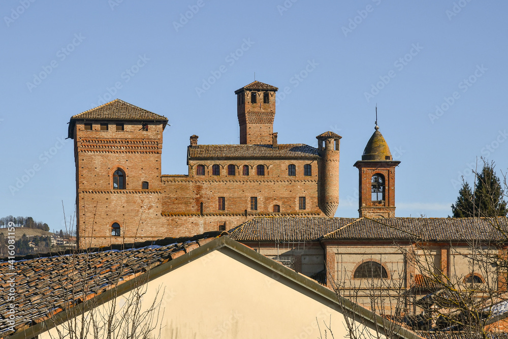 Top of the medieval Castle of Grinzane Cavour, Unesco World Heritage Site, in the mid-19th century was the residence of the Count of Cavour, Cuneo, Piedmont, Italy