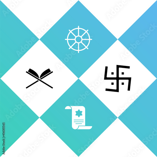 Set Holy book of Koran, Torah scroll, Dharma wheel and Hindu swastika icon. Vector.