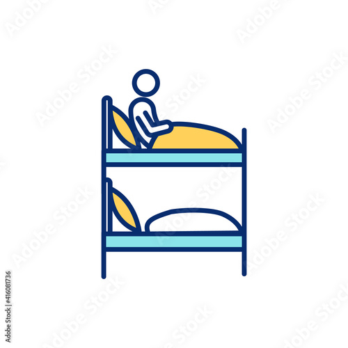Bunk bed in dormitory RGB color icon. Low-cost shared sociable lodging. Hostel room. Inexpensive lodging facility for travelers. Dormitory-style sleeping arrangements. Isolated vector illustration