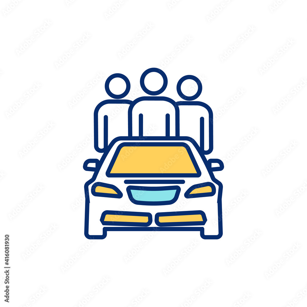 Ride sharing RGB color icon. Carpooling. Sharing vehicle with other passengers. One-way transportation. Ecological and economical decision. Using personal vehicles. Isolated vector illustration