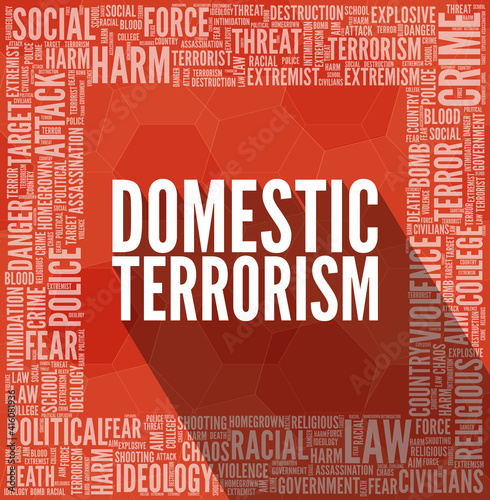 Domestic terrorism typography illustration with a word cloud. Text with long shadows over red background.
