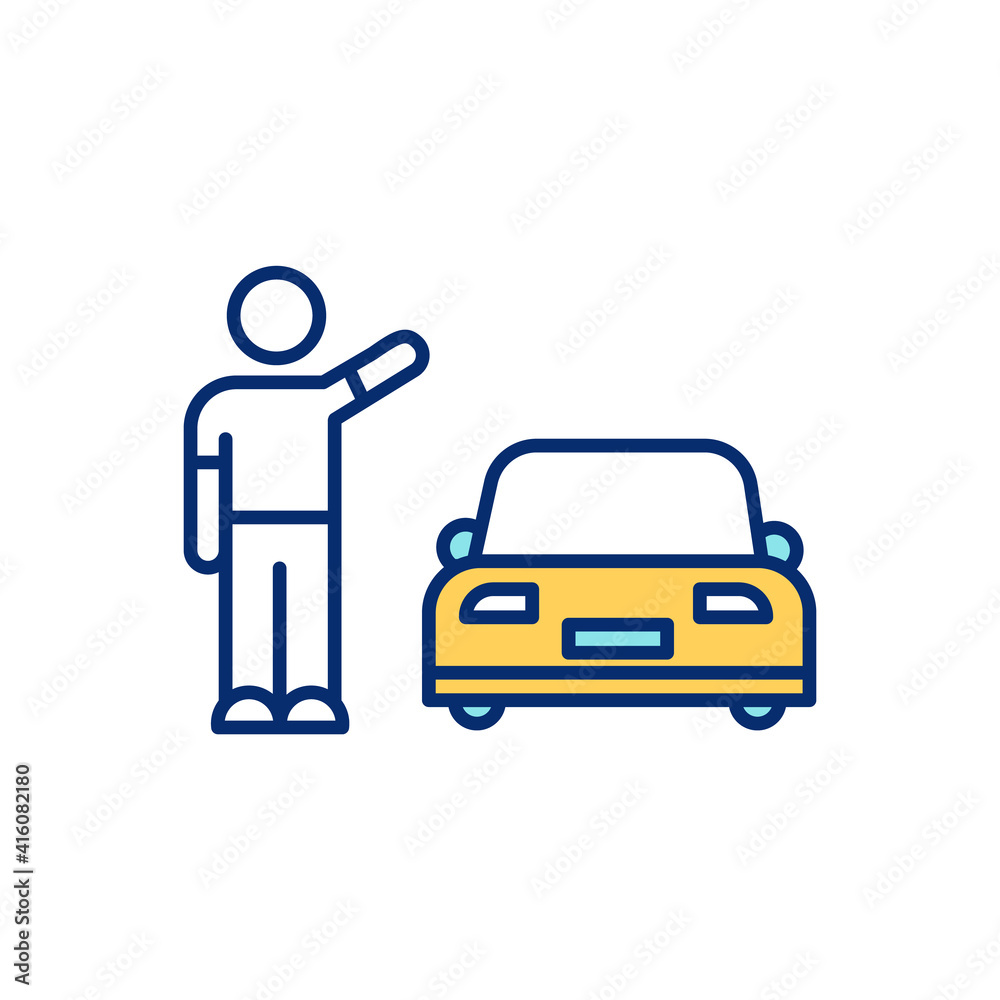 Hitchhiking RGB color icon. Cheapest traveling way. Asking strangers for ride in car. Being transported by chance. Obtaining free ride in passing vehicle. Isolated vector illustration Hitchhiking RGB color icon. Cheapest traveling way. Asking strangers for ride in car. Being transported by chance. Obtaining free ride in passing vehicle. Isolated vector illustration