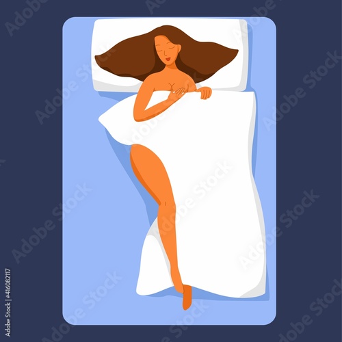 Woman sleeps in the bed. Cartoon style. Attractive naked woman with long beautiful hair. 