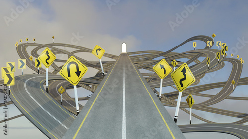 straight path to success choosing the right strategic path with yellow traffic signs., 3d illustration.., 3D rendering.