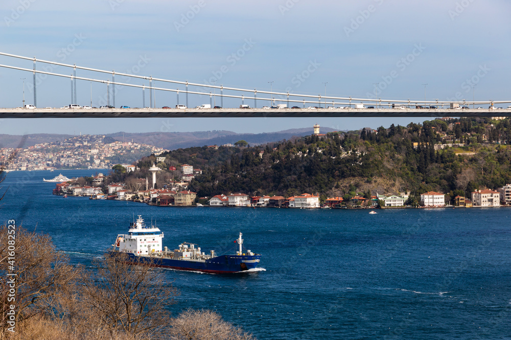 Commercial cargo ship go through the Bosphorus Strait, Istanbul, Turkey.