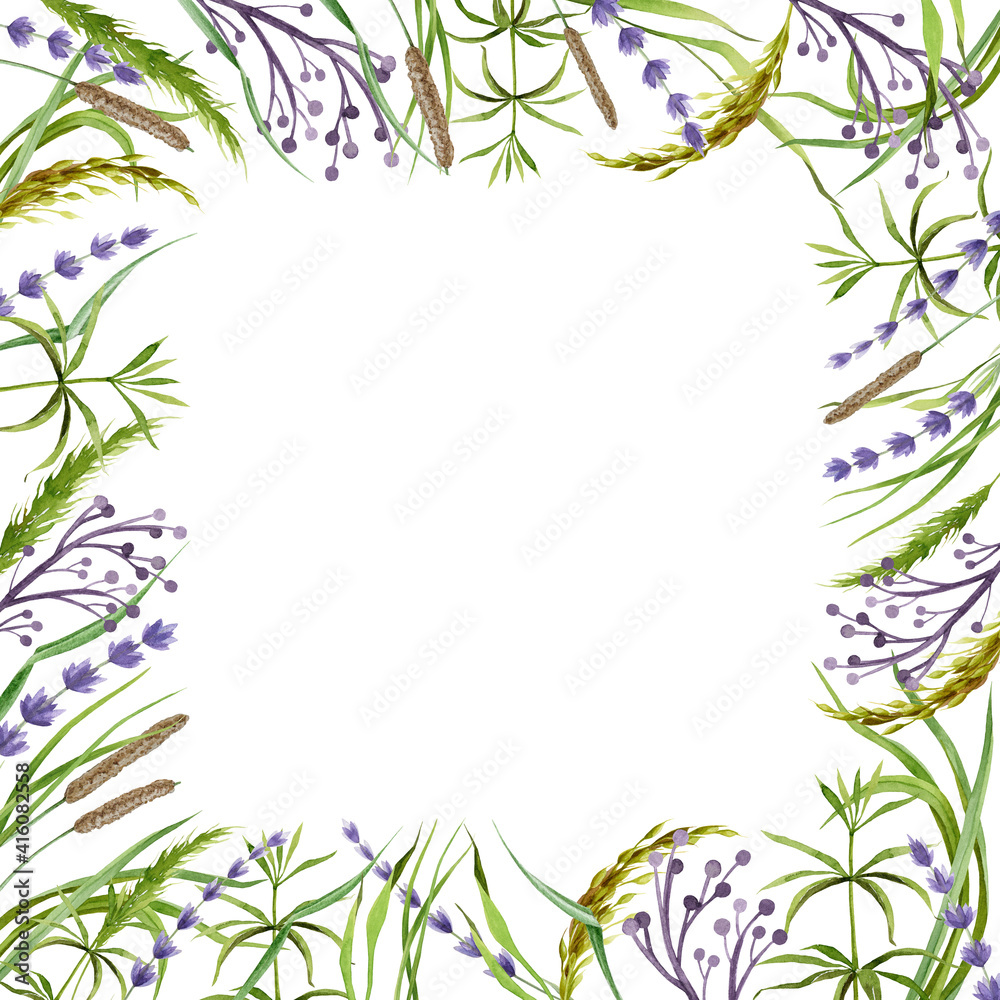 Square flower elegant frame. Hand drawn lavender flowers and meadow herbs in decorative banner. Watercolor realistic garden floral frame. On white background. Wedding invitation postcard.