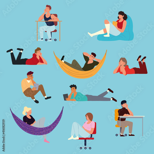 set procrastination, people resting, realxing, bored