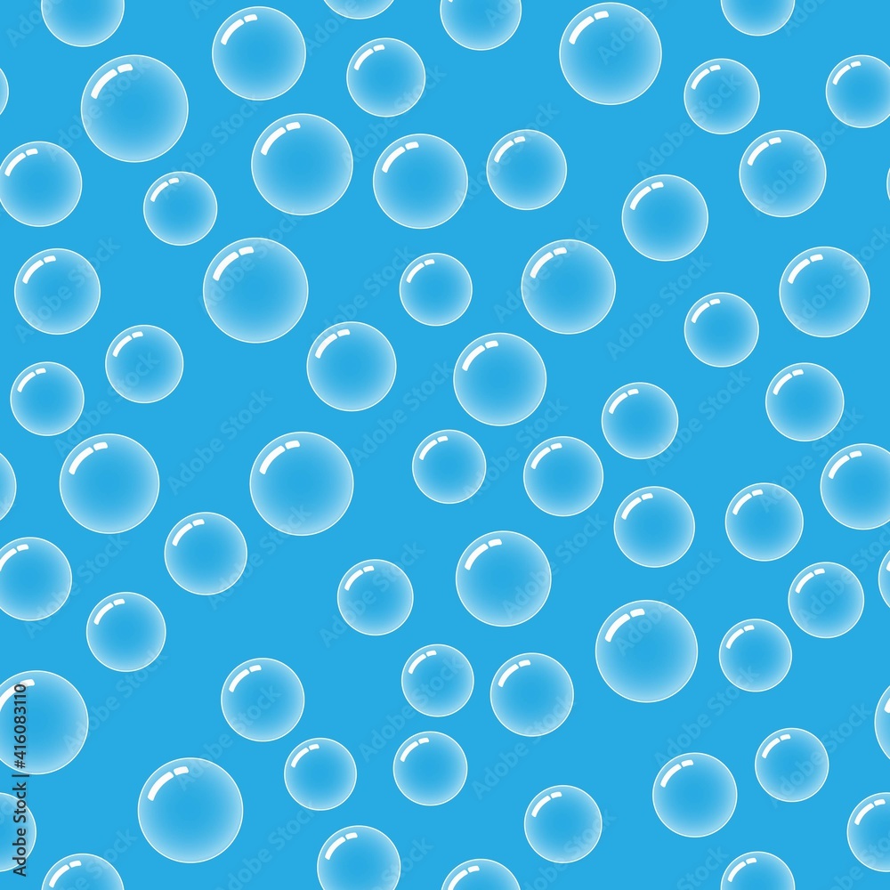Seamless pattern with soap bubbles. Blue water. Bright sea. Cartoon style