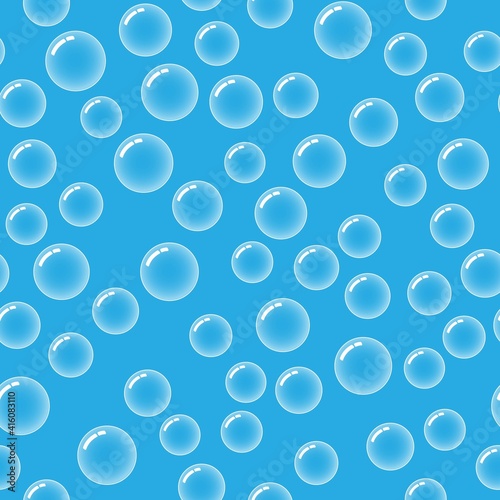 Seamless pattern with soap bubbles. Blue water. Bright sea. Cartoon style