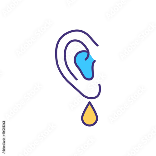 Ear infection RGB color icon. Inflammation and fluid buildup. Respiratory viral and bacterial infection. Otitis media. Serious complications. Hearing loss. Isolated vector illustration