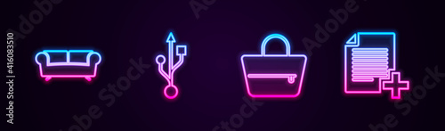 Set line Sofa, USB, Handbag and Add new file. Glowing neon icon. Vector.