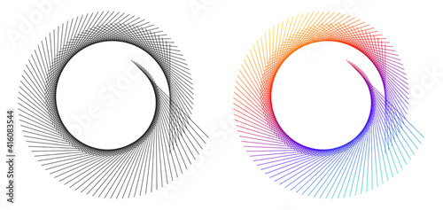 Design elements. Wave of many purple lines circle ring. Abstract vertical wavy stripes on white background isolated. Vector illustration EPS 10. Colourful waves with lines created using Blend Tool