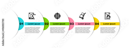 Set line Coffee machine and cup, Target with dollar, Hand truck boxes and pot. Business infographic template. Vector.