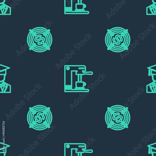 Set line Coffee machine and cup, Target with dollar and Graduate graduation cap on seamless pattern. Vector.