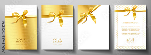 Holiday cover design set. Luxury gold background with stars pattern and golden ribbon. Formal premium vector collection template for invitation (invite card), greeting or gift card