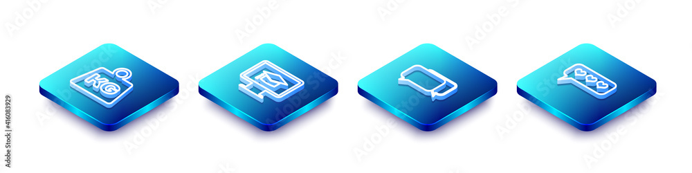 Set Isometric line Weight, Monitor with graduation cap, Chat and Like and heart icon. Vector. Set Isometric line Weight, Monitor with graduation cap, Chat and Like and heart icon. Vector.