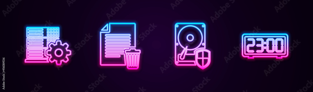 Fototapeta premium Set line Server setting, Delete file document, Hard disk drive HDD protection and Digital alarm clock. Glowing neon icon. Vector.