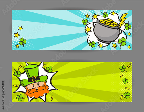 Bright pop art banners for Saint Patrick's day. Cartoon exploison, and clouds on a ray background. Comic Template for web design, banners, cards, coupons, applications and posters. Vector illustration