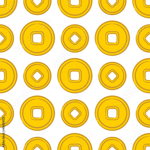 Seamless pattern of gold Chinese coins on a white background. Hand-drawn symbols of good luck, wealth and wealth. Vector illustration on the theme of Chinese culture and the New Year