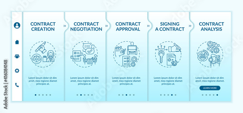 Contract lifecycle steps onboarding vector template. Signing contract. Contract analysis process. Responsive mobile website with icons. Webpage walkthrough step screens. RGB color concept