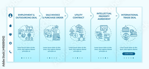 Common commercial contracts types onboarding vector template. Sale invoice and purchase order. Responsive mobile website with icons. Webpage walkthrough step screens. RGB color concept