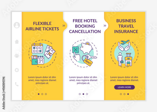 Covid related marketing tips onboarding vector template. Flexible airline tickets. Hotel booking cancellation. Responsive mobile website with icons. Webpage walkthrough step screens. RGB color concept