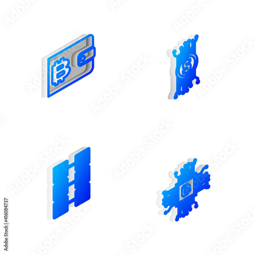 Set Isometric line Cryptocurrency bitcoin in circuit, wallet, Mining farm and CPU mining icon. Vector.