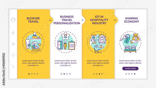 Business travel trends onboarding vector template. Bleisure travel. Business travel personalization. Responsive mobile website with icons. Webpage walkthrough step screens. RGB color concept