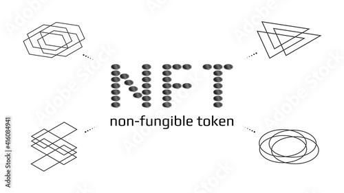 Non fungible tokens infographics NFT word from coins with unique icon around isolated on white. Pay for unique collectibles in games or art. Vector illustration.