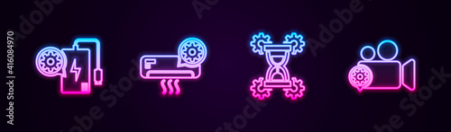 Set line Power bank setting, Air conditioner, Hourglass and Video camera. Glowing neon icon. Vector.