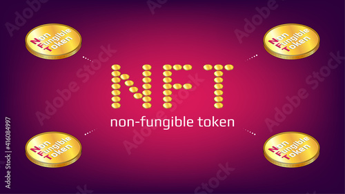 Non fungible tokens infographics NFT word from golden coins with isometric coins around on red background. Pay for unique collectibles in games or art. Vector illustration.