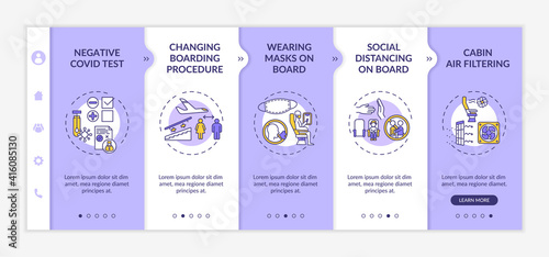 Lockdown travel rules onboarding vector template. Negative Covid test. Changing boarding procedure. Responsive mobile website with icons. Webpage walkthrough step screens. RGB color concept