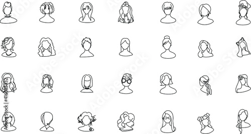 Heads icons of girls on a white background. Girls have different hairstyles. Vector illustration.