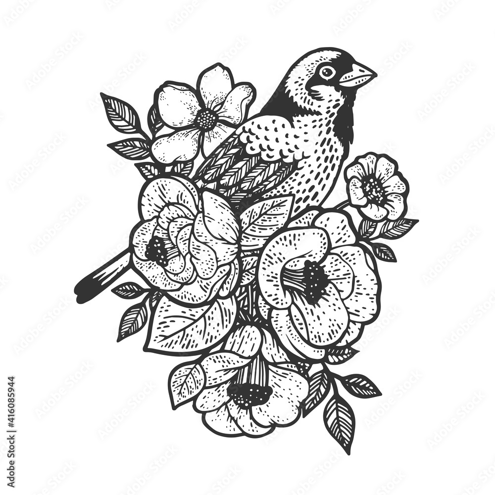 Naklejka premium flowers and bird tattoo ornament sketch engraving vector illustration. T-shirt apparel print design. Scratch board imitation. Black and white hand drawn image.