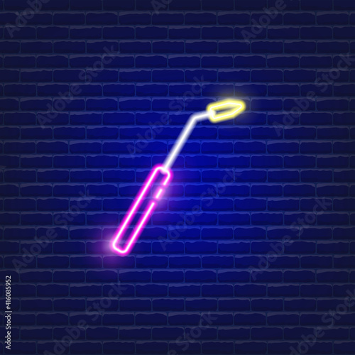 Dental tool neon icon. Sign for dentistry clinic. Orthodontics concept.