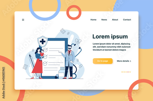 Woman with kid consulting doctor. Patient, pediatrician, medical checkup list flat vector illustration. Examination, healthcare, treatment concept for banner, website design or landing web page