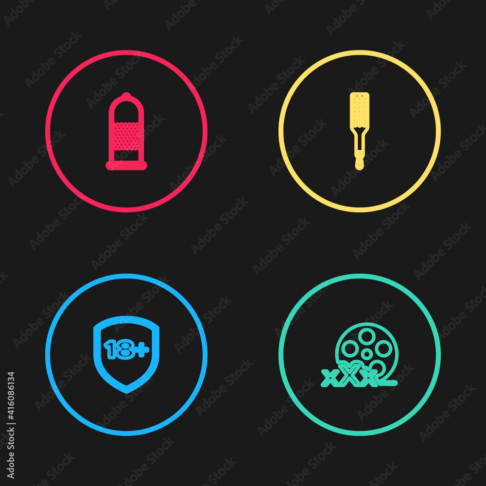 Set line Shield with 18 plus, Film reel Sex, Spanking paddle and Condom safe sex icon. Vector. Set line Shield with 18 plus, Film reel Sex, Spanking paddle and Condom safe sex icon. Vector.