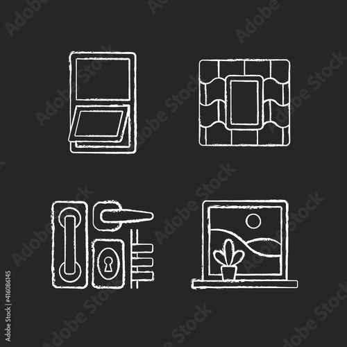 Windows replacement service chalk white icons set on black background. Awning windows. Venting skylight. Door hardware. Opening outward from bottom. Isolated vector chalkboard illustrations