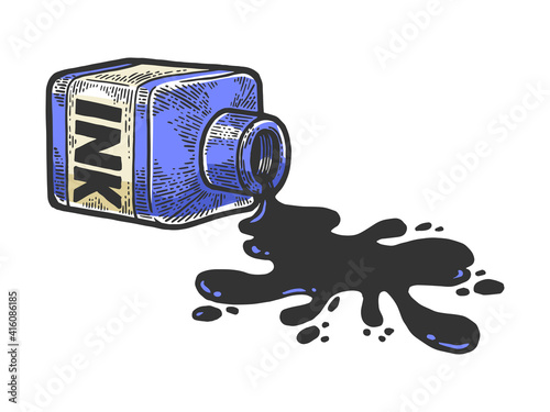 Spilled bottle ink blot color sketch engraving vector illustration. Tee shirt apparel print design. Scratch board style imitation. Black and white hand drawn image.