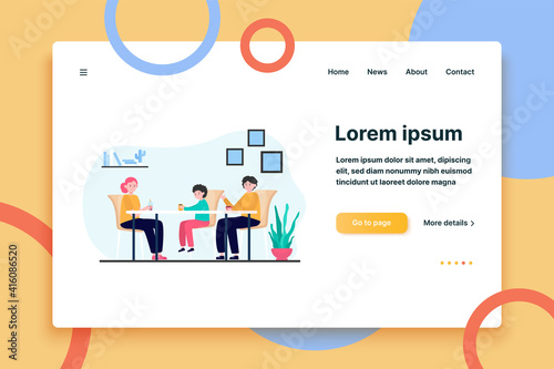 Young mother, father and child sitting at table together. Son, coffee, tea flat vector illustration. Family and parenthood concept for banner, website design or landing web page