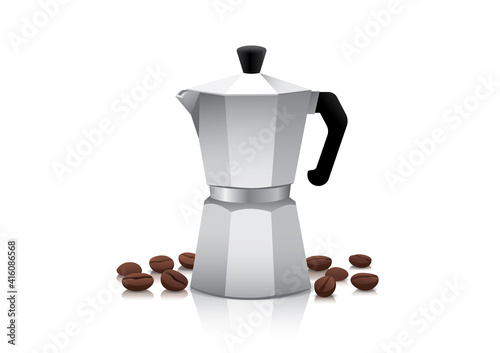 Realistic vector moka pot or coffee maker with roasted coffee beans on white background, isolated vector illustration