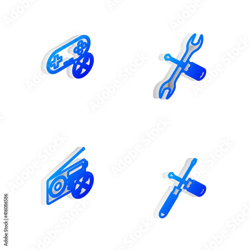 Set Isometric line Crossed screwdriver and wrench, Gamepad service, Radio and screwdrivers icon. Vector.