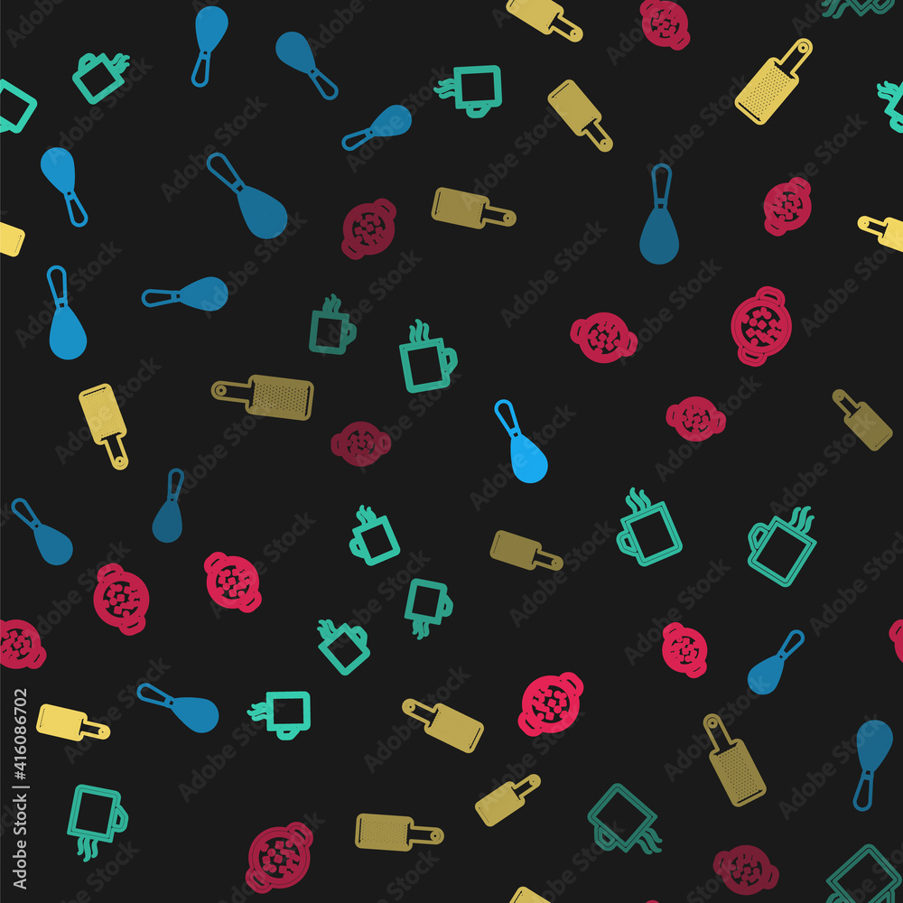 Set line Kitchen whisk, Coffee cup, Grater and Cooking soup in pot on seamless pattern. Vector. Set line Kitchen whisk, Coffee cup, Grater and Cooking soup in pot on seamless pattern. Vector.