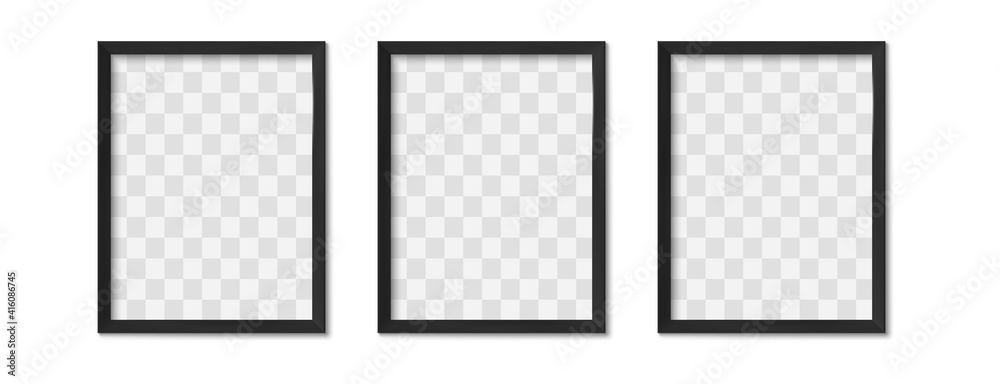 Black photo frames. Empty modern simple image borders with shadow on gallery wall. Isolated picture framing design vector realistic 3D template. Rectangular shape objects with transparent place