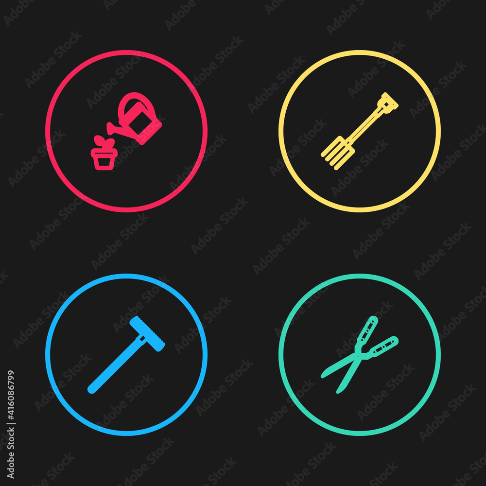 Set line Garden rake, Gardening handmade scissor, pitchfork and Watering can icon. Vector. Set line Garden rake, Gardening handmade scissor, pitchfork and Watering can icon. Vector.
