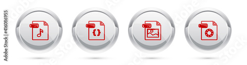Set line MP3 file document, CSS, TIFF and RAW. Silver circle button. Vector.