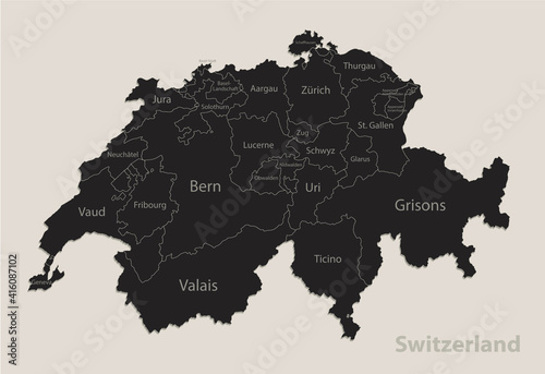 Black map of Switzerland with names of regions, design blackboard vector