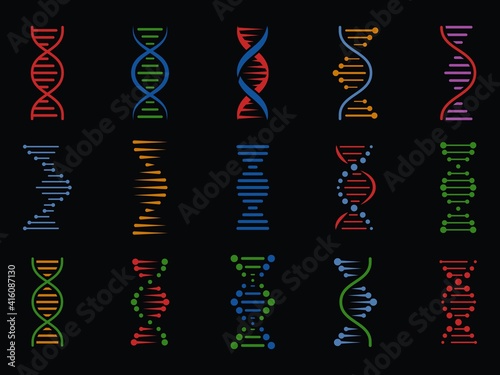 DNA signs. Human chromosome genetic spiral structure, genome helix. Biotechnology molecular icons, isolated vector elements. Human genetic variation colorful icons. Medical and biological research
