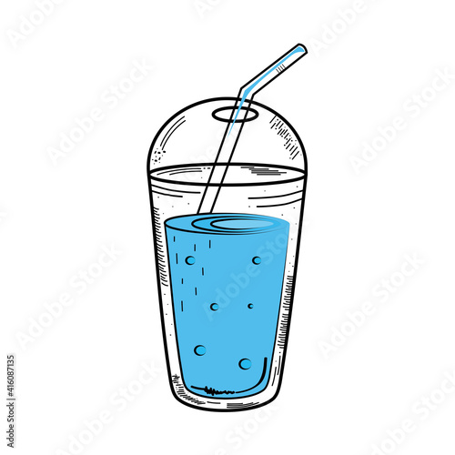 blue drink in take away glass drawing icon vector illustration design